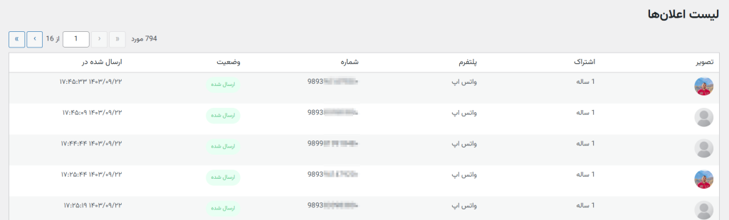 لیست اعلان‌ها در افزونه وردپرس
